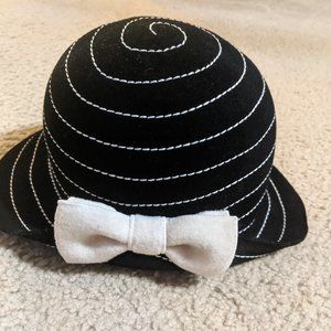 Black Wool Cloche Hat with Cream Embroidery & Bow